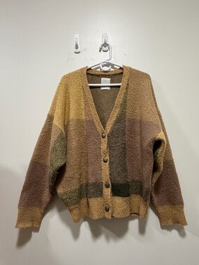 Cozy Multi-Tone Button Front Women's Cardigan Sweater - Mustard Brown